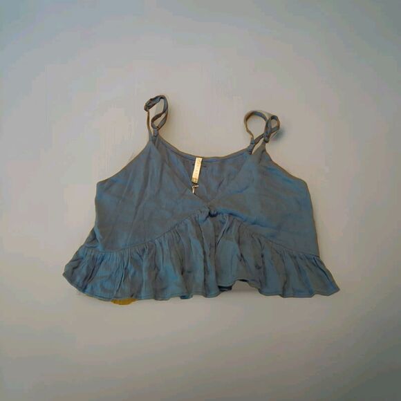 Amiani Crop Top Tank Size Medium Blue Ruffle Trim Summer Beach Vacation V Neck - Picture 1 of 9
